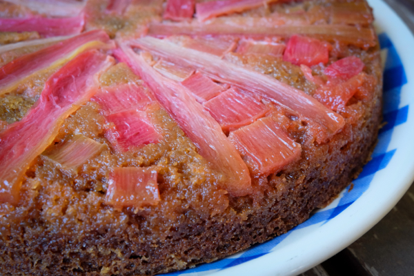 Upside down rhubarb cake with 1847 whole wheat blend on eatlivetravelwrite.com